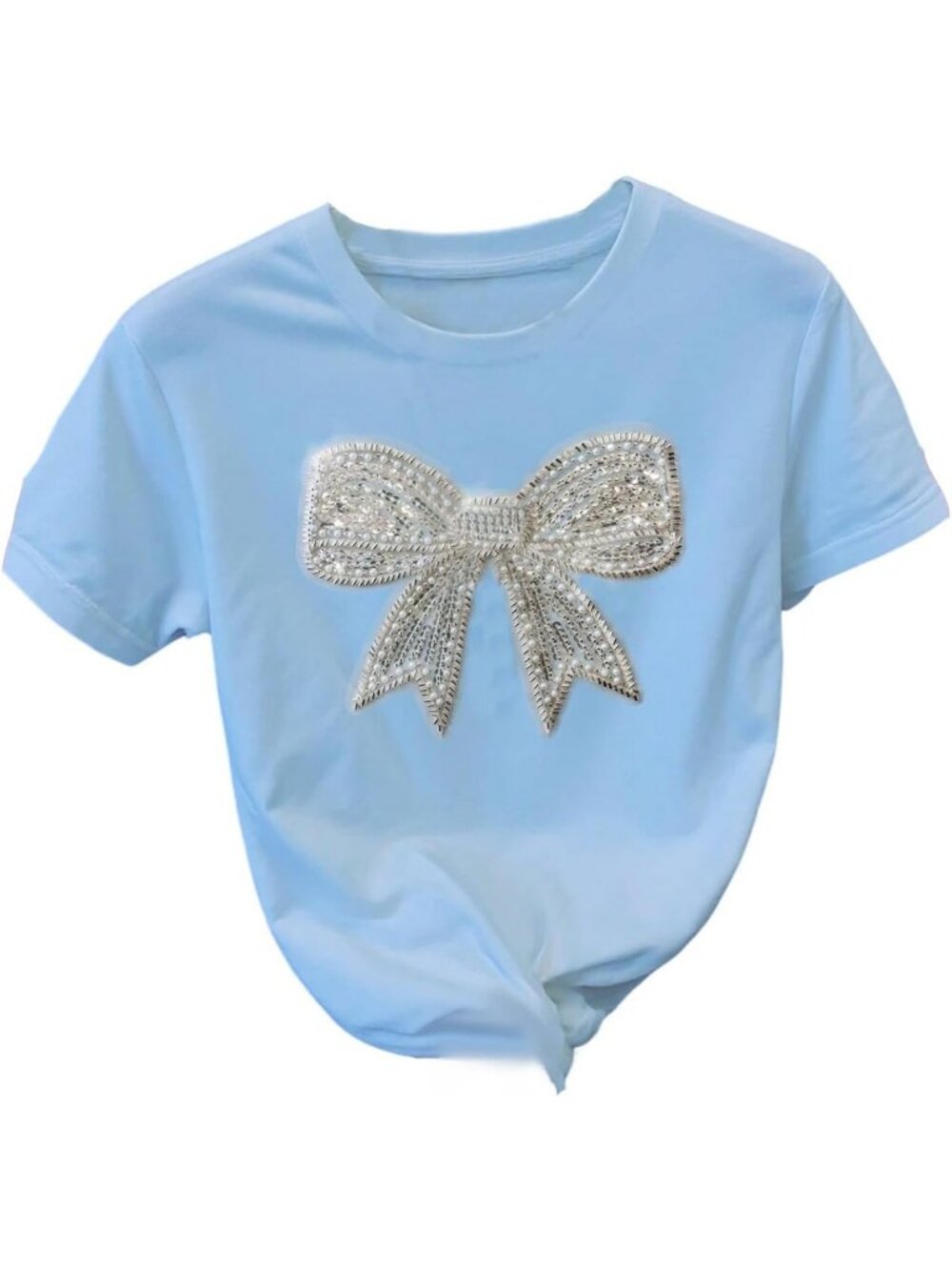Sequin Bow Short Sleeve Casual Tee - Summer Crew Neck T-Shirt for Women